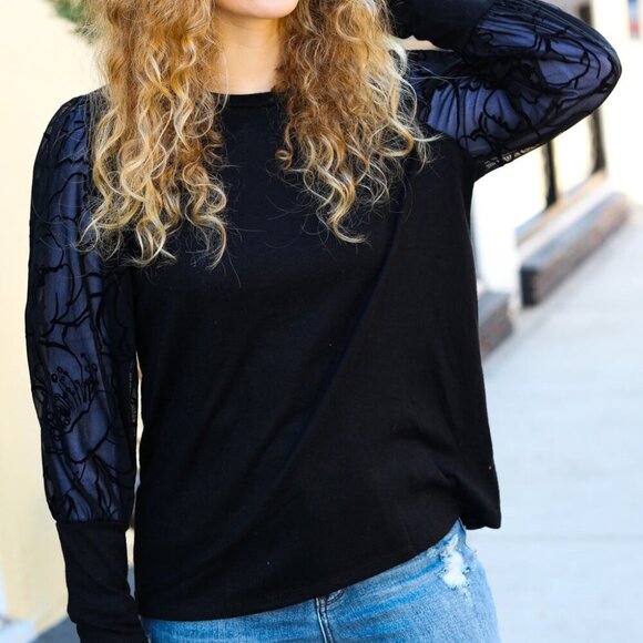 New Black Floral Mesh Bubble Sleeve Top - 1X, 2, & 3X - Picture 6 of 8